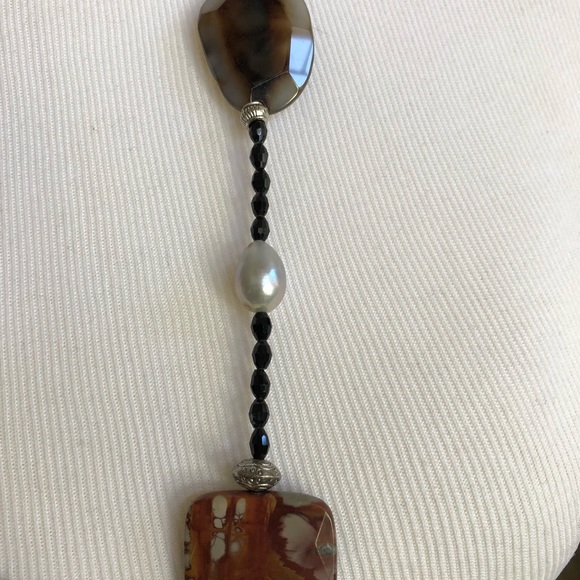 Handmade Long Statement Necklace with Agate, Pearls and Other Natural Stones - Picture 3 of 7